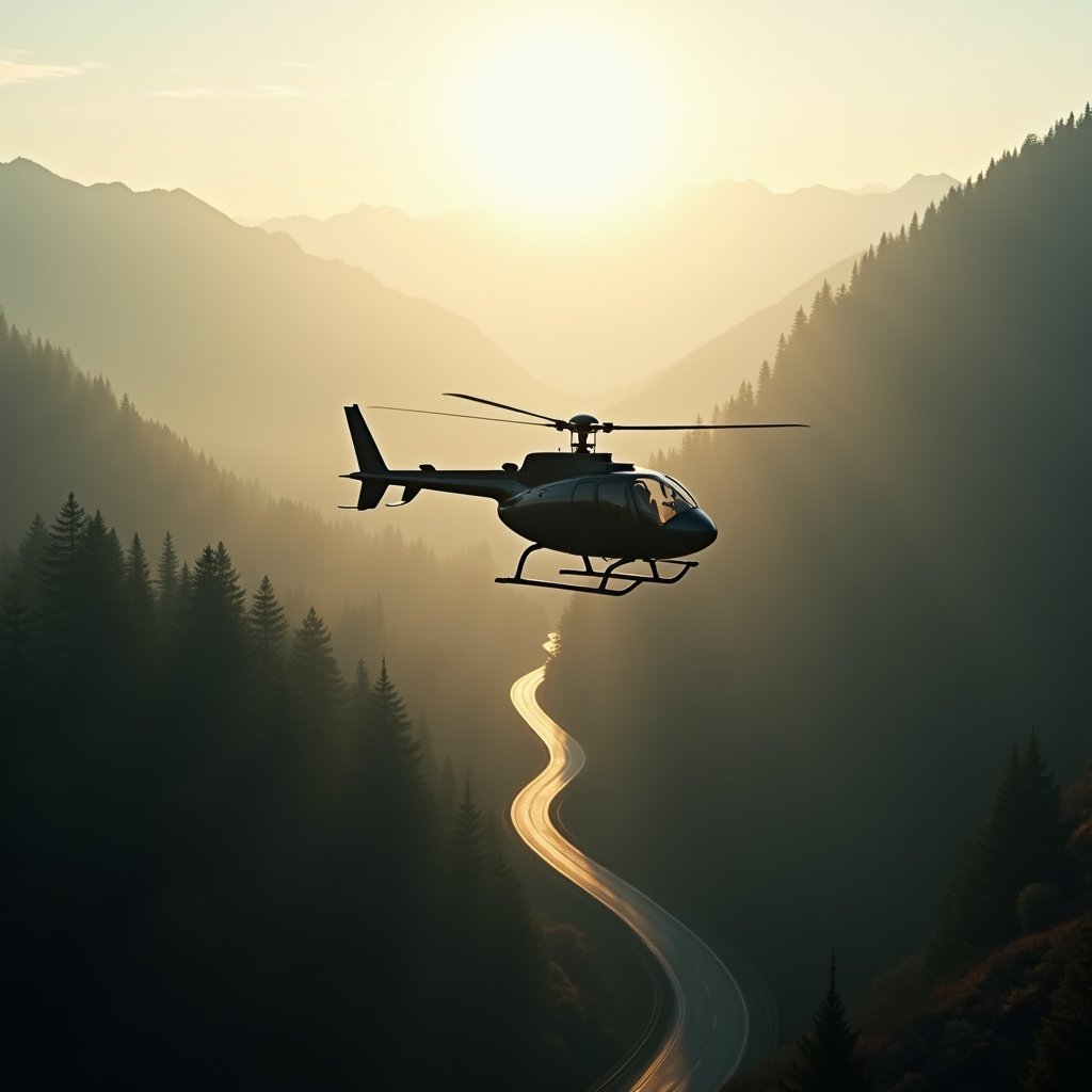 Helicopter Over Misty Valley