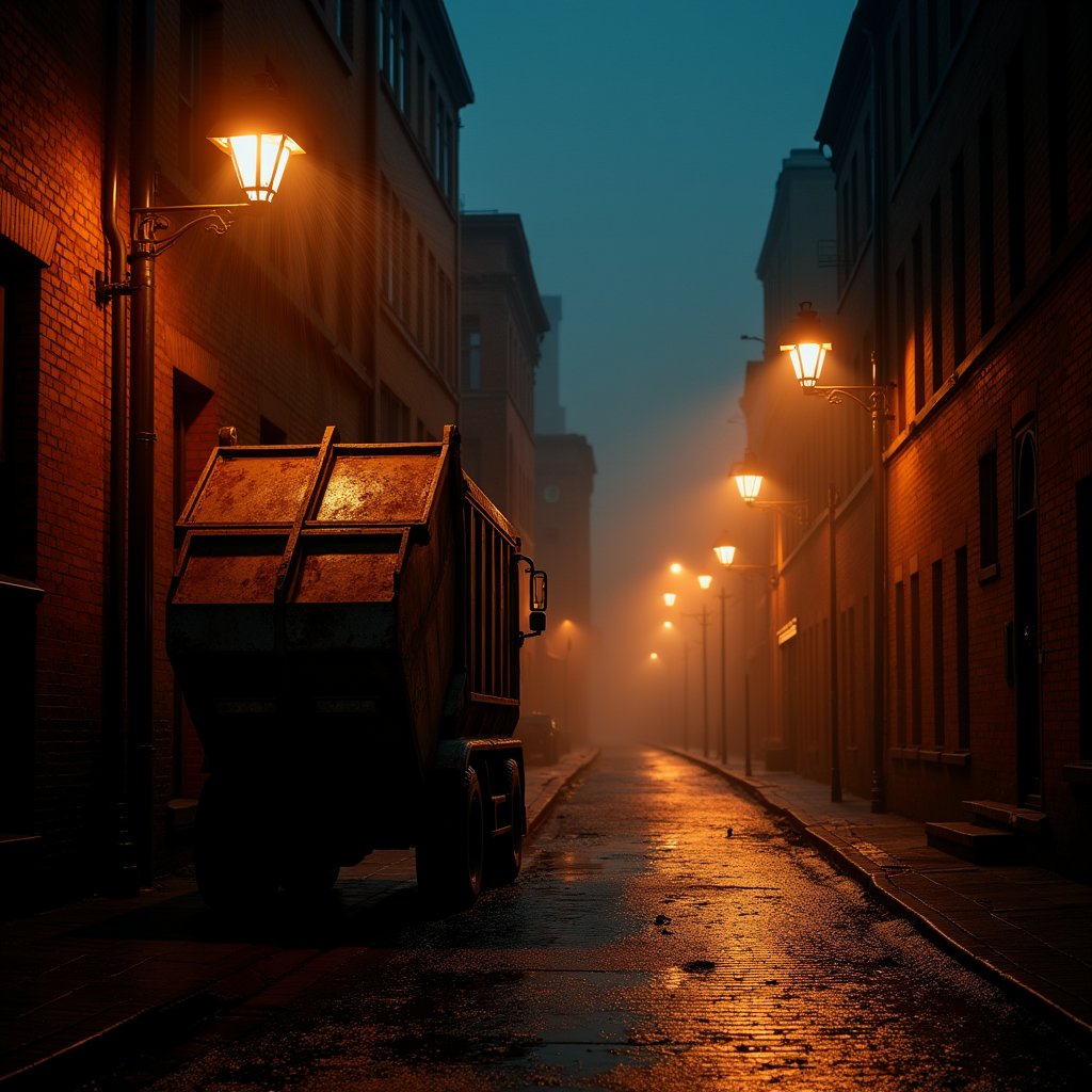 Hydraulic Arm in Rain-Slicked Alley