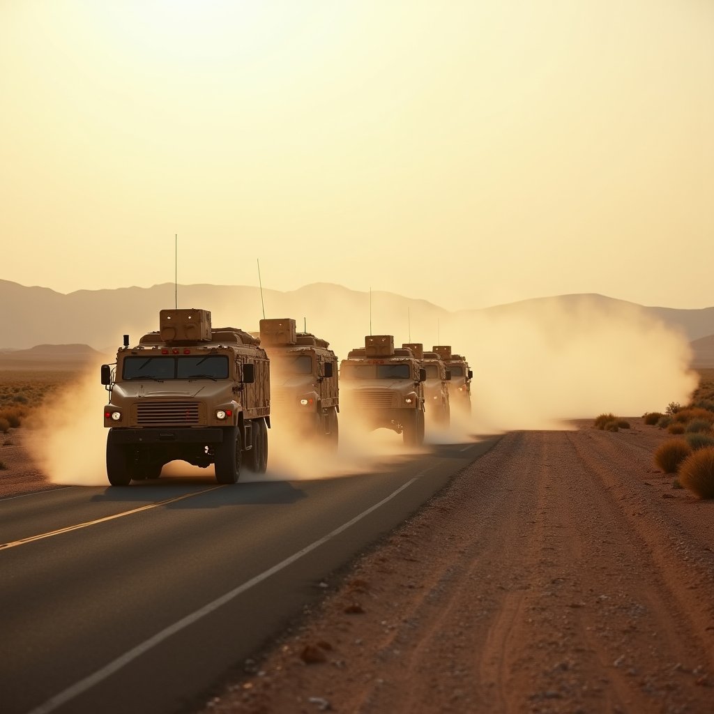 Six Iron Trucks Cross Saffron Dust - War & Military AI stock