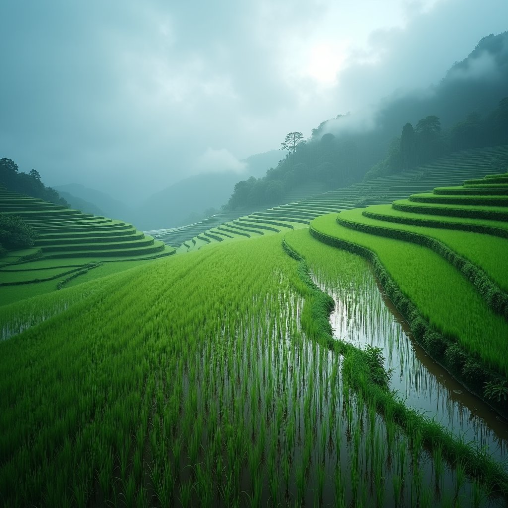 Monsoon Floods Emerald Rice Terraces - Water & Liquid AI stock