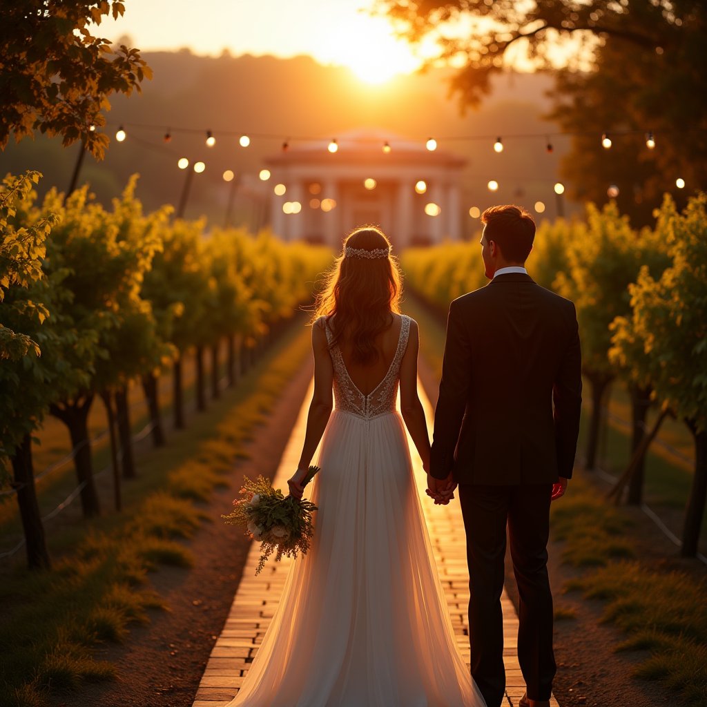 Vineyard Vows at Sunset - Wedding & Events AI stock