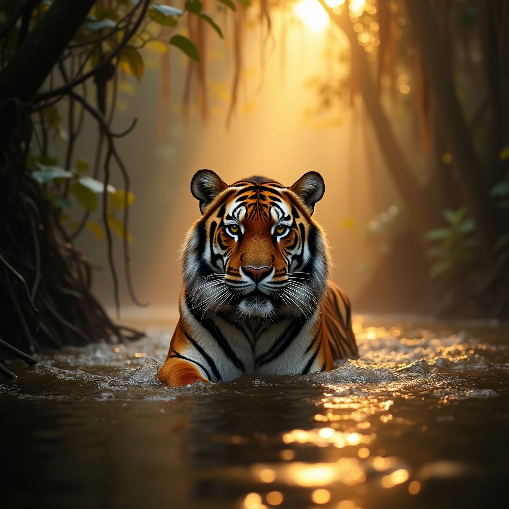 Tiger Crosses the Emerald River - Wild AI stock