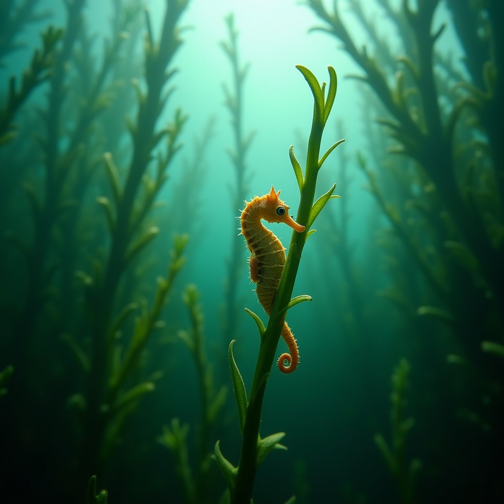 Seahorse Embraces Drifting Seagrass - Wild AI stock