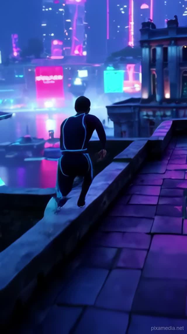 Neon Leap Over Ancient Tiles - Games AI stock