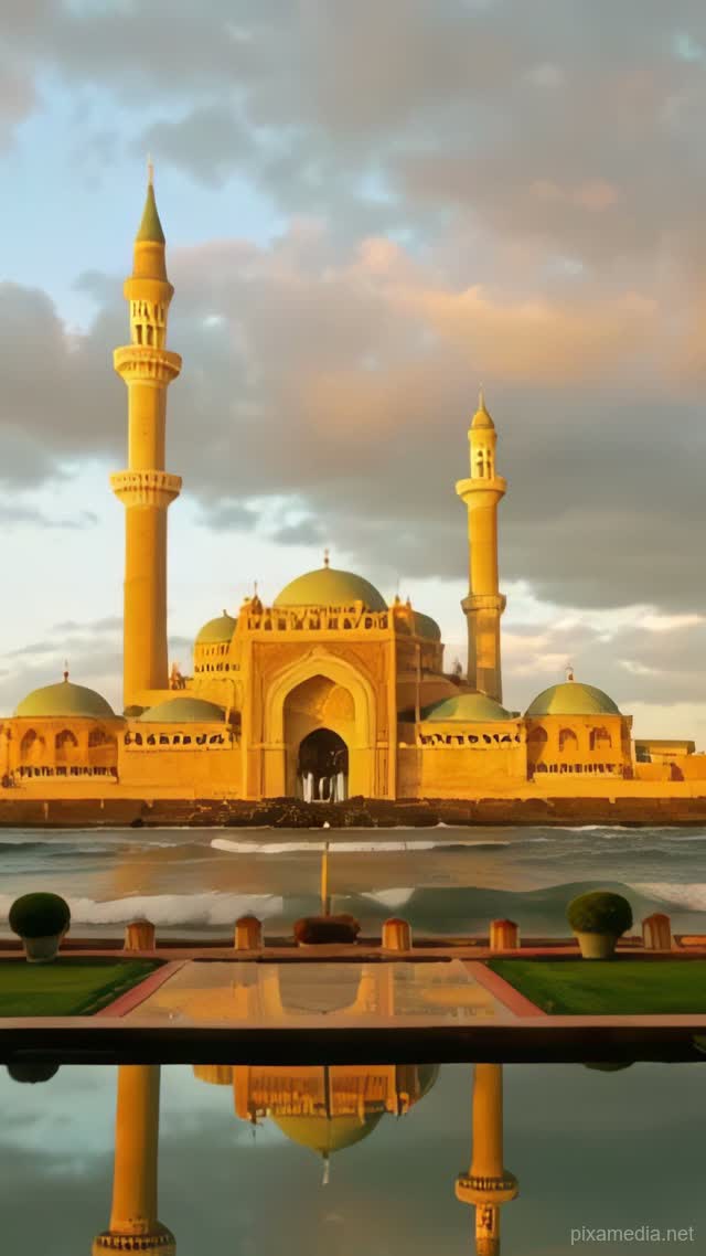 Ocean Mosque Golden Hour - Islamic AI stock