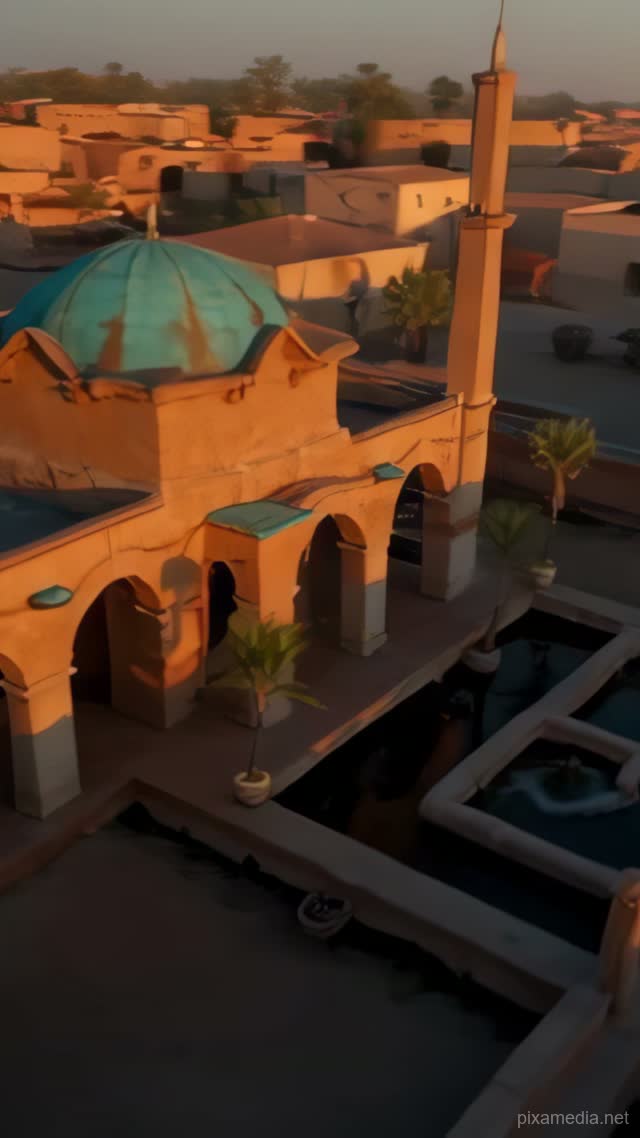 Turquoise Dome at Village Dusk - Islamic AI stock