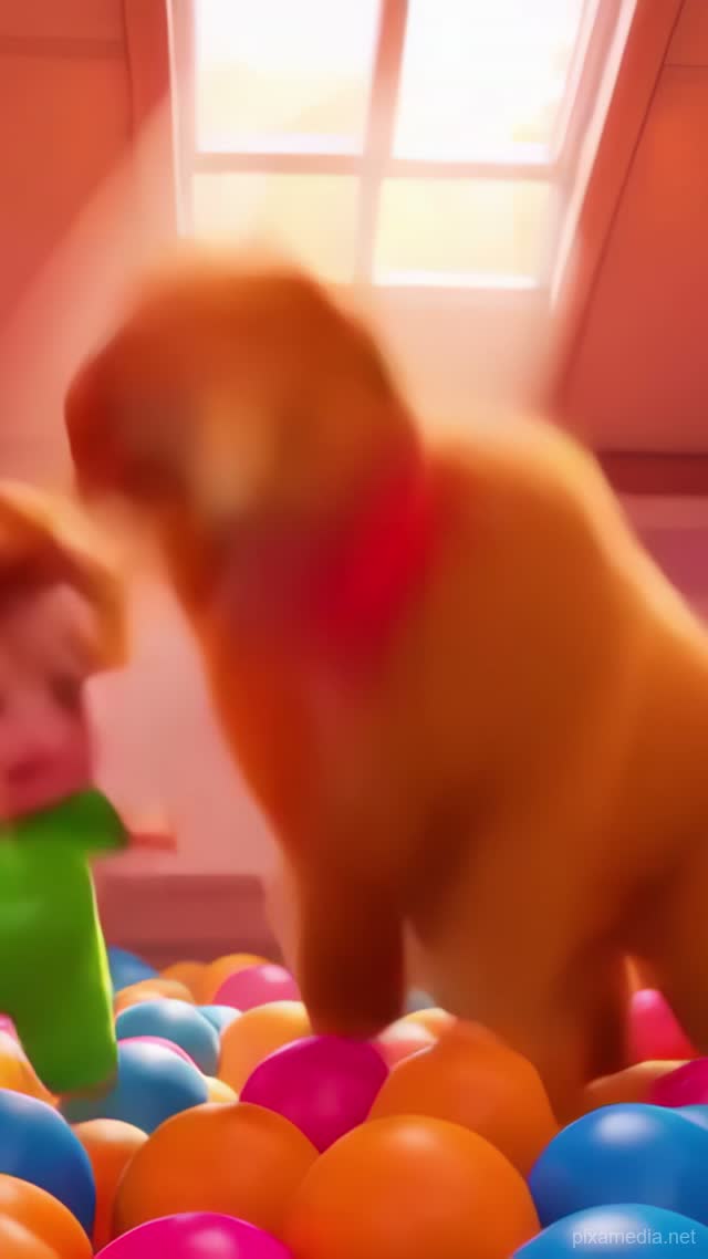Toddler and Golden Retriever Ball Pit Dance - Kids AI stock