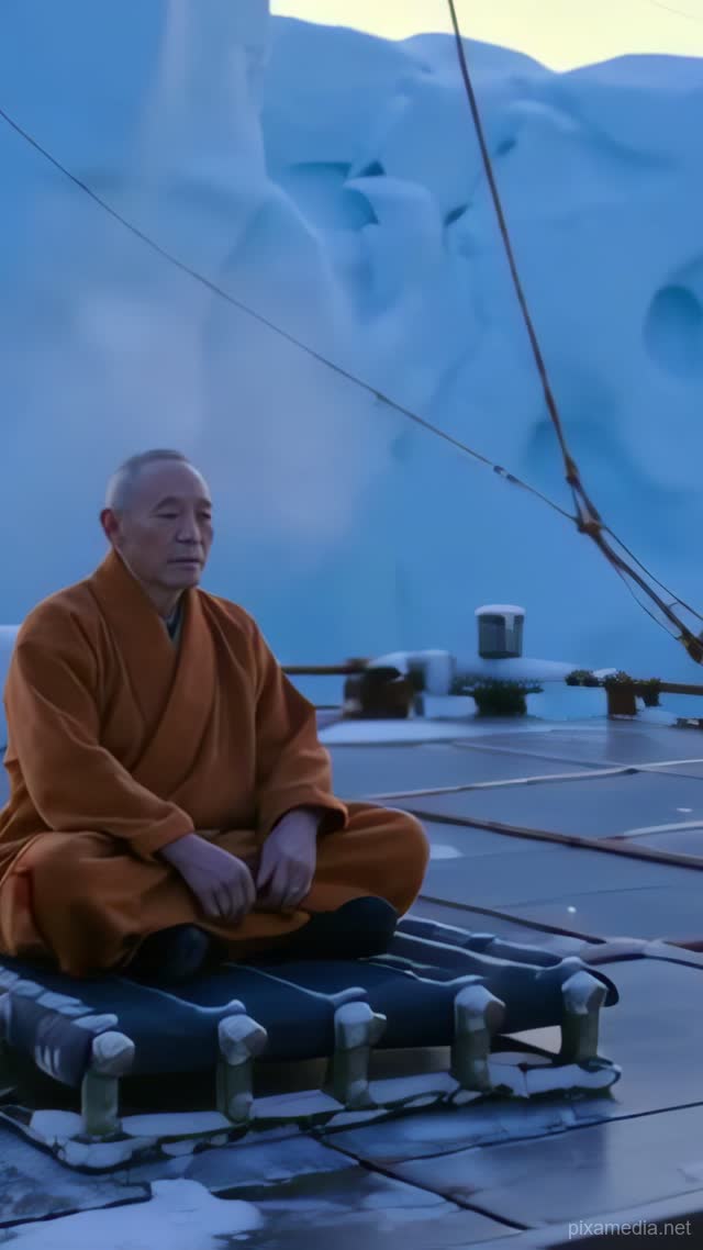Saffron Robe On Frozen Deck - Meditation AI stock